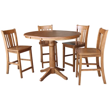 International Concepts Round 36 in Rd Extension Dining Table, 4 San Remo Stools, Distressed Oak, 36 in W, 48 in L, Wood K42-36RXT-27B-S102-4